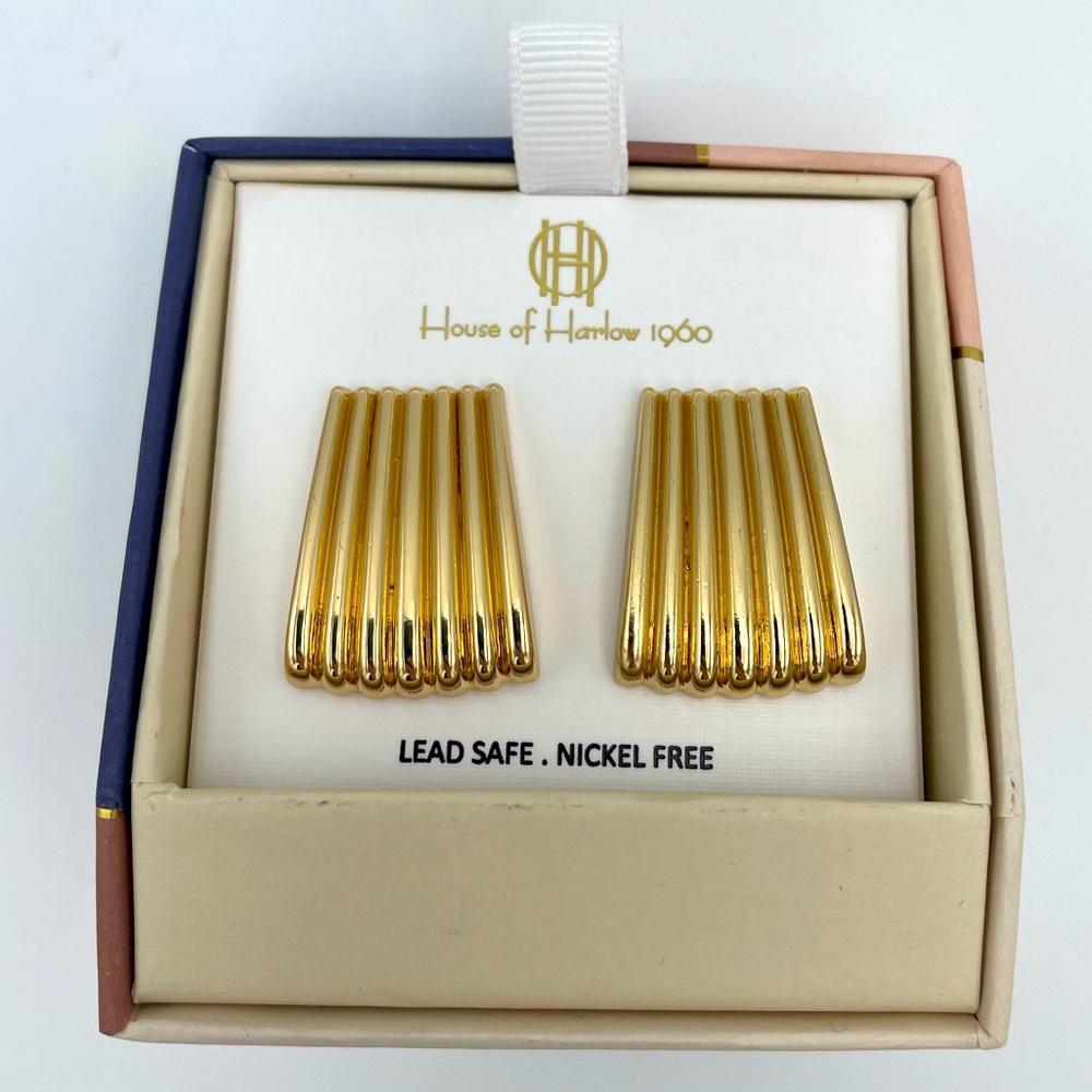 House of Harlow 1960 Shiny Gold Ribbed Fan Clip-On Earrings